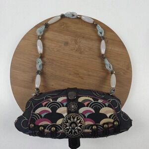 VTG 90s Mary Frances Shoulder Bag Womens Small Black Geometric Beaded Boho Purse